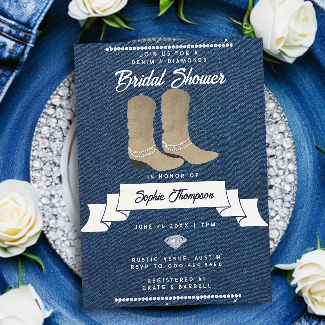 Denim Diamonds Cowgirl Boots Rustikales Brautparty Einladung (denim and diamonds bridal shower invitation rustic country western cowgirl boots classy bling chic)