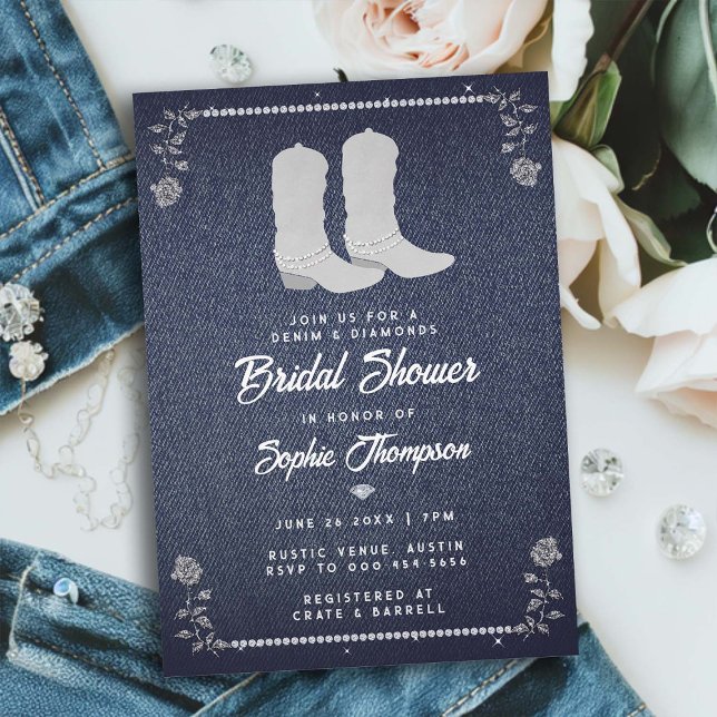 Denim Diamonds Cowgirl Boots Western Brautparty Einladung (denim diamonds bridal shower invitation classy rhinestone cowgirl boots roses western country chic)