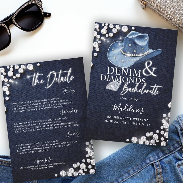 Denim Diamonds Cowgirl Hat Bachelorette Itinerary Einladung (denim diamonds bachelorette party itinerary invitation cowgirl hat calligraphy modern classy stylish)