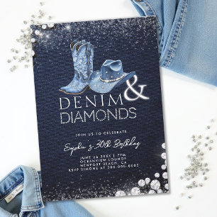 Denim Diamonds Cowgirl Hat Boots 30. Geburtstag Einladung