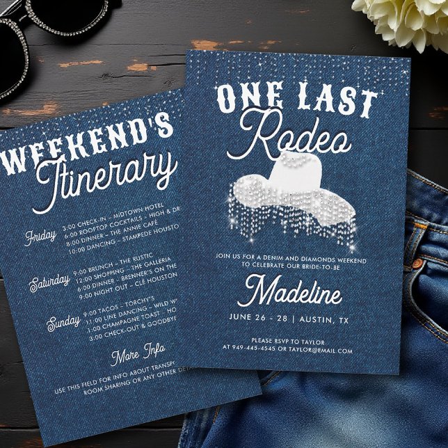 Denim Diamonds Cowgirl Hat Last Rodeo Bachelorette Einladung (denim and diamonds bachelorette party invite last rodeo cowgirl hat white blue rhinestones glam)