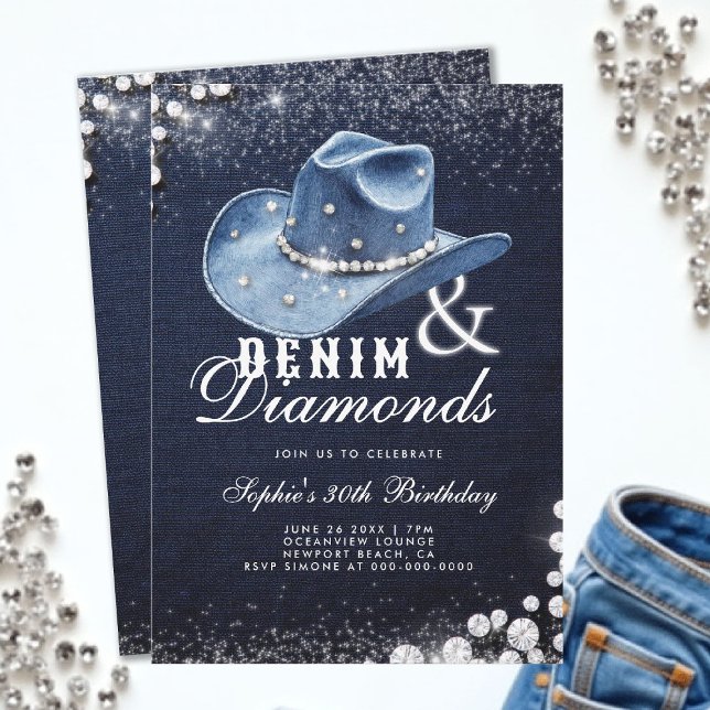 Denim Diamonds Cowgirl Hat Script 30. Geburtstag Einladung (denim and diamonds 30th birthday party invitation blue white cowgirl hat script bling sparkles)