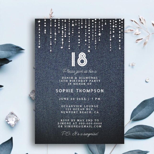Denim Diamonds Drippings 18. Geburtstagsparty Einladung (denim diamonds drippings glam 18th birthday party invitation for women modern classy simple luxury)