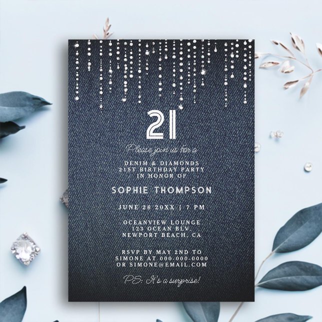 Denim Diamonds Drippings 21. Geburtstag Party Einladung (denim diamonds 21st birthday party invitation for women modern simple glam elegant classy drippings)