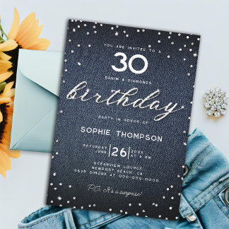 Denim Diamonds Elegant Classy 30. Geburtstag Party Einladung