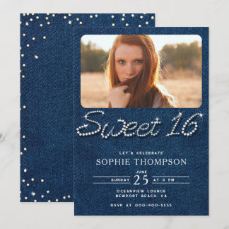 Denim Diamonds Elegant Modern Blue Sweet 16 Foto Einladung
