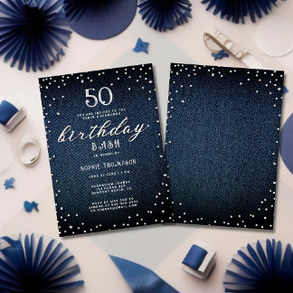Denim Diamonds Elegant Rustic 50. Geburtstagsparty Einladung