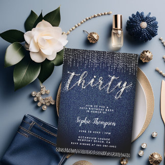 Denim Diamonds Glam Calligraphy Chic 30. Geburtsta Einladung