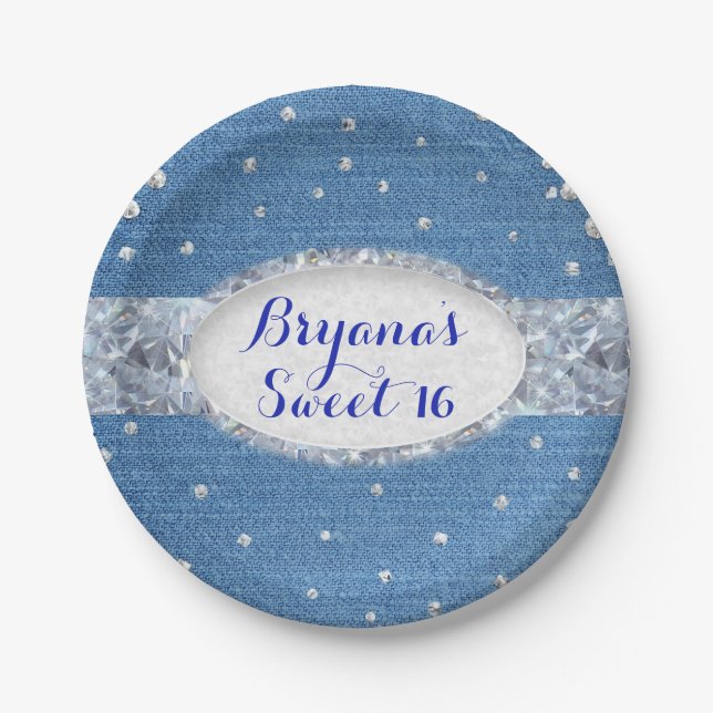 Denim & Diamonds Glam Scattered Bling Custom Party Pappteller (Vorderseite)