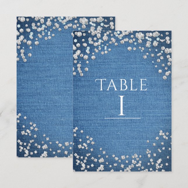 Denim & Diamonds Glam Scattered Bling Tischnummer (Vorne/Hinten)