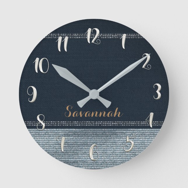 Denim & Diamonds Glam Sequins Glitzer Personalisie Runde Wanduhr (Vorderseite)