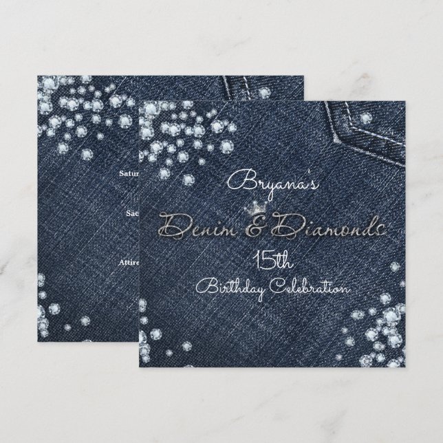 Denim & Diamonds Glam Tiara Crown Party Einladung (Vorne/Hinten)