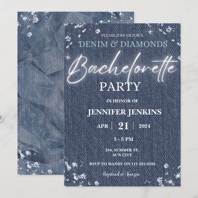 Denim Diamonds Glitzer Bling Elegant Bachelorette Einladung (Vorne/Hinten)