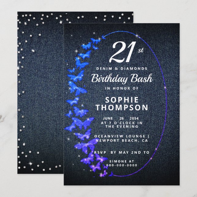 Denim Diamonds Glitzer Butterfly Birthday Party Einladung (Vorne/Hinten)