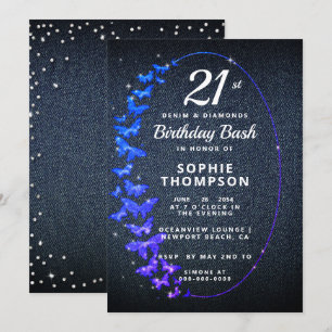 Denim Diamonds Glitzer Butterfly Birthday Party Einladung