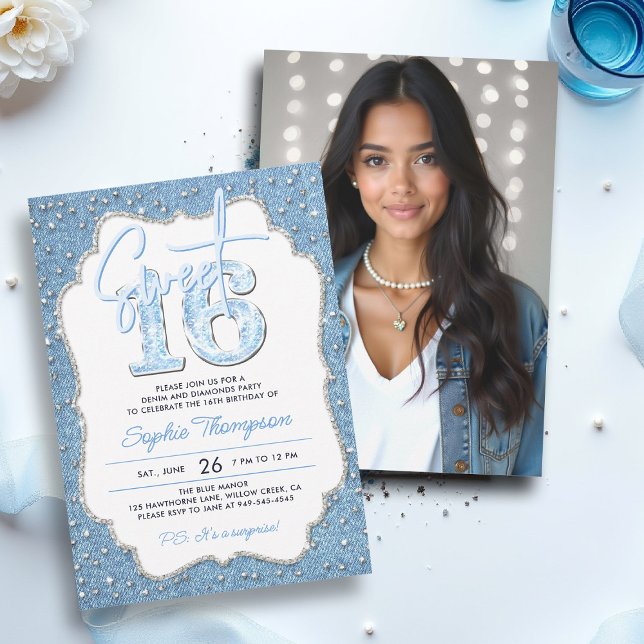 Denim Diamonds Glitzer Chic Frame Foto Sweet 16 Einladung (sweet sixteen invitation 16th birthday photo template denim diamonds elegant frame bling fashion)