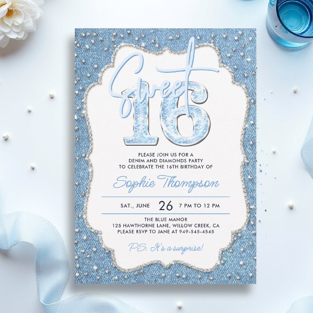 Denim Diamonds Glitzer Elegant Frame Sweet 16 Einladung (sweet sixteen invitation 16th birthday denim diamonds elegant frame bling fashion teen girl)