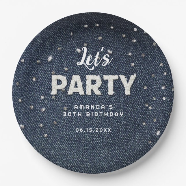 Denim Diamonds Glitzer Kristall Chic Let's Party Pappteller (Vorderseite)