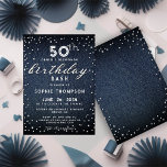 Denim Diamonds Glitzer Moderne 50. Geburtstagspart Einladung<br><div class="desc">Eine einfache,  moderne,  elegante und schicke Geburtstagsfeier-Einladung mit blauem Denim-Hintergrund,  das Wort BIRTHDAY mit weißen Diamanten (simuliert,  nicht echte Diamanten) und mit moderner Kalligraphie-Schrift und Typografie in Weiß. Ein schicker "Denim and Diamonds" Design für eine Frau an ihrem 50. Geburtstag!</div>