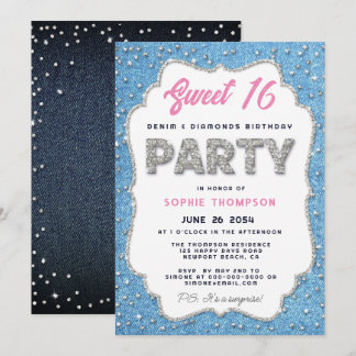 Denim Diamonds Glitzer Rahmen Sweet 16 Party Pink Einladung