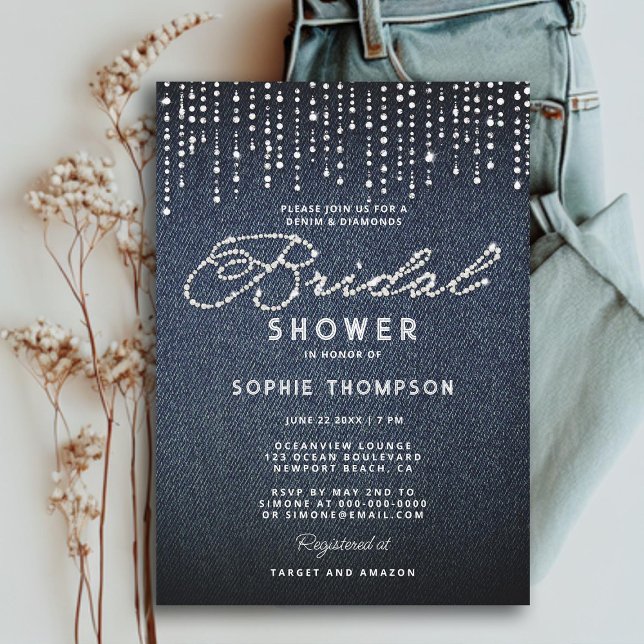 Denim Diamonds Glitzer Tropfens Elegantes Brautpar Einladung (denim diamonds glitter drips bridal shower invitation modern classy simple elegant calligraphy blue)