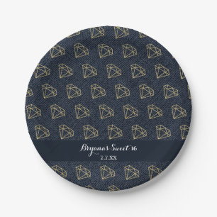 Denim & Diamonds Gold & Blue Bling Glam Party Pappteller