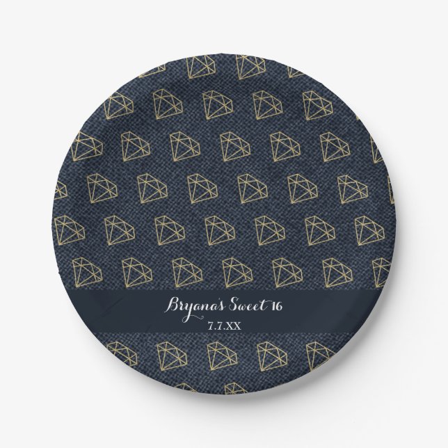 Denim & Diamonds Gold & Blue Bling Glam Party Pappteller (Vorderseite)