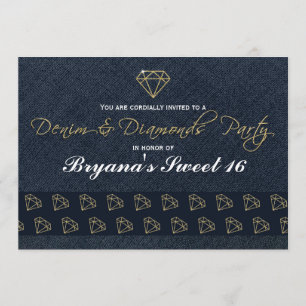Denim & Diamonds Gold & Blue Glam Party Einladung