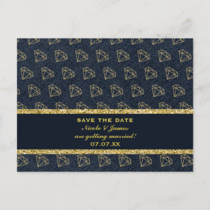 Denim & Diamonds Gold & Blue Glam Save the Date Ankündigungspostkarte