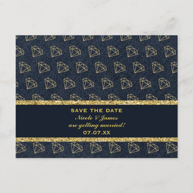 Denim & Diamonds Gold & Blue Glam Save the Date Ankündigungspostkarte (Vorderseite)
