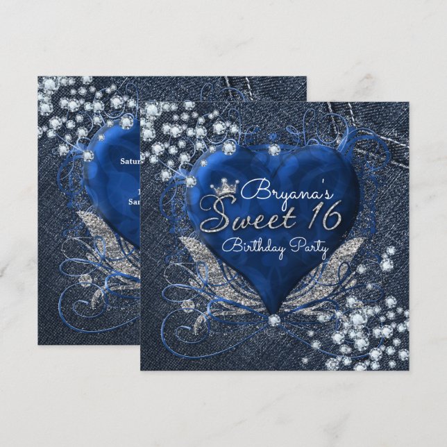 Denim & Diamonds Heart Sweet 16 Party Invitations (Devant / Derrière)