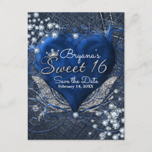 Denim & Diamonds Heart Sweet 16 Party Rett Date Ankündigungspostkarte