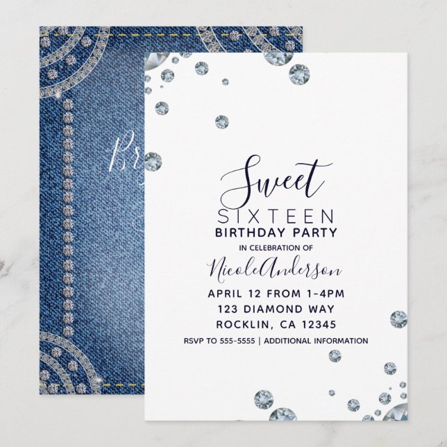 Denim & Diamonds Jean Birthday Sweet 16 Party Einladung (Vorne/Hinten)