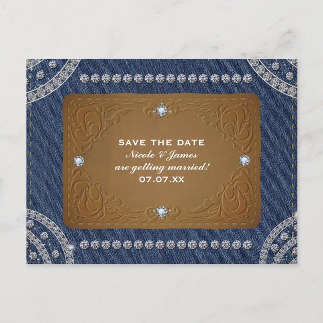 Denim & Diamonds Jeans Label Save the Date Party Ankündigungspostkarte (Vorderseite)
