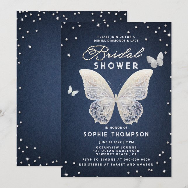 Denim Diamonds Lace Butterfly Einzigartiges Brautp Einladung (Vorne/Hinten)