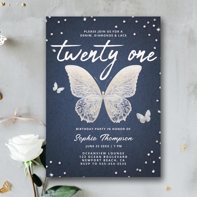 Denim Diamonds Lace Butterfly Modern 21. Geburtsta Einladung (denim diamonds lace 21st birthday invite for girls elegant modern classy chic rhinestones blue jeans)
