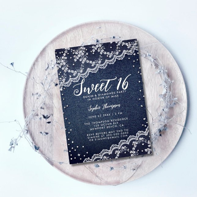 Denim Diamonds Lace Sweet 16 Trendy Birthday Party Einladung (Von Creator hochgeladen)