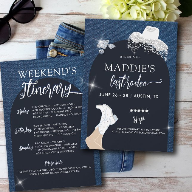 Denim Diamonds Lasse Go Girls Arch Bachelorette Einladung (denim and diamonds bachelorette party invite last rodeo glam bling lets go girls itinerary arch)