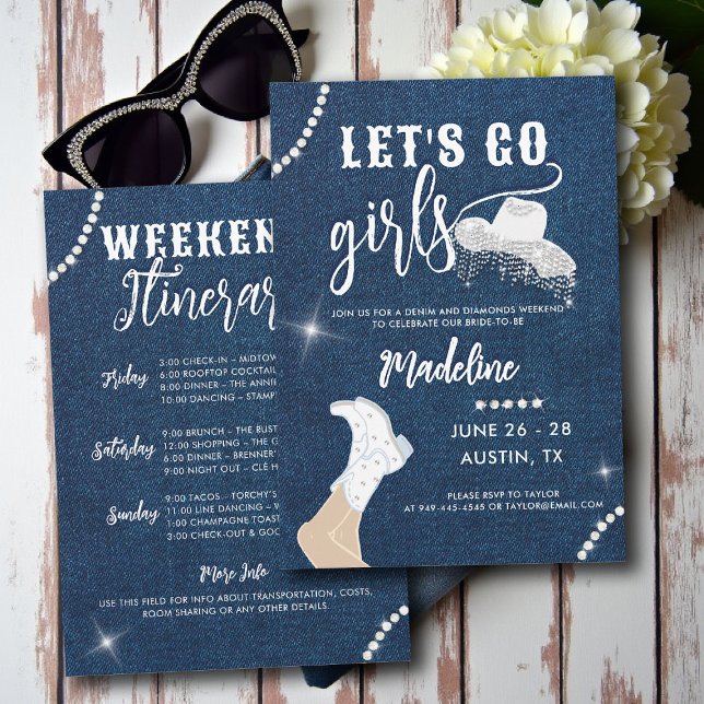 Denim Diamonds Lasse Go Girls Glam Bachelorette Einladung (denim and diamonds bachelorette party invite last rodeo glam bling lets go girls itinerary)