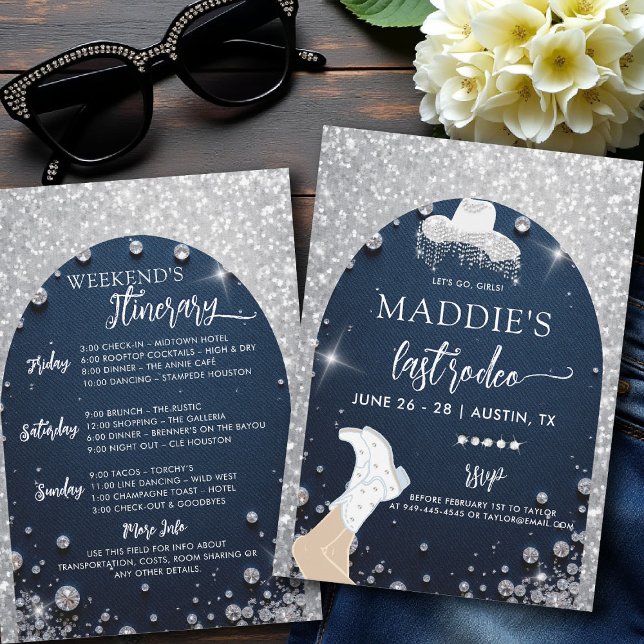 Denim Diamonds Last Rodeo Glam Arch Bachelorette Einladung (denim and diamonds bachelorette party invite last rodeo glam bling itinerary glitter arch)