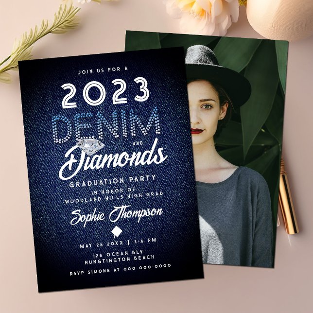 Denim Diamonds Modern Chic Foto Graduation Party Einladung (Von Creator hochgeladen)