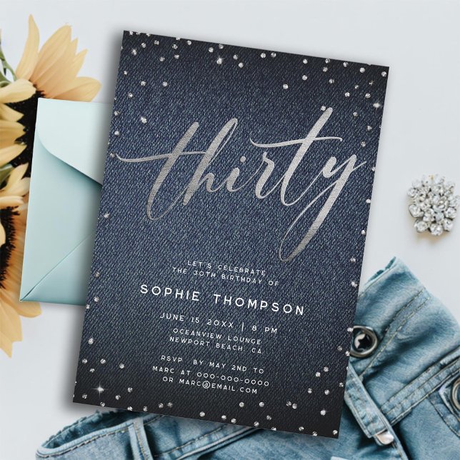 Denim Diamonds Modern Minimalistisch 30. Geburtsta Einladung (denim diamonds 30th birthday invitation for women elegant modern minimalist calligraphy classy)