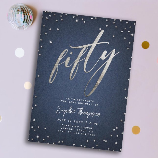 Denim Diamonds Modern Minimalistisch 50. Geburtsta Einladung (denim diamonds 50th birthday invitation for women elegant classy modern calligraphy faux foil fifty)