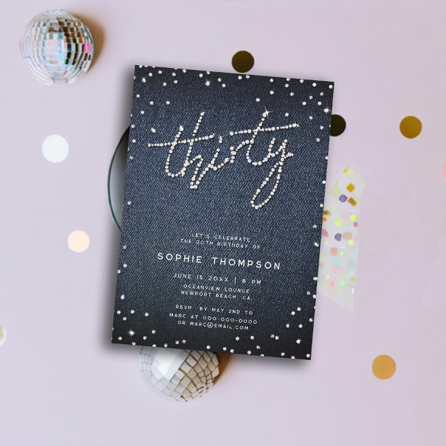 Denim Diamonds Moderne Kalligraphie 30. Geburtstag Einladung (denim diamonds 30th birthday invitation for women classy rhinestones modern elegant chic calligraphy)