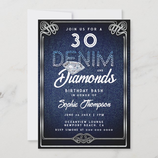 Denim Diamonds Nouveau Frame 30. Geburtstag Party Einladung (Vorderseite)