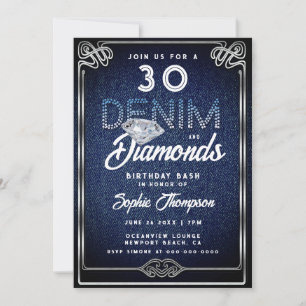 Denim Diamonds Nouveau Frame 30. Geburtstag Party Einladung