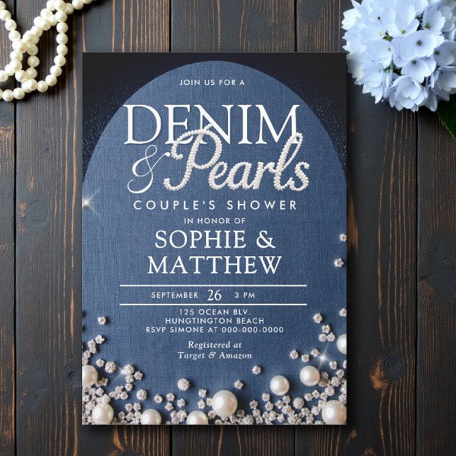 Denim Diamonds Pearls Arch Coed Blue Couple Dusche Einladung (denim and pearls couple shower invitation bridal wedding diamonds blue white arch elegant coed)