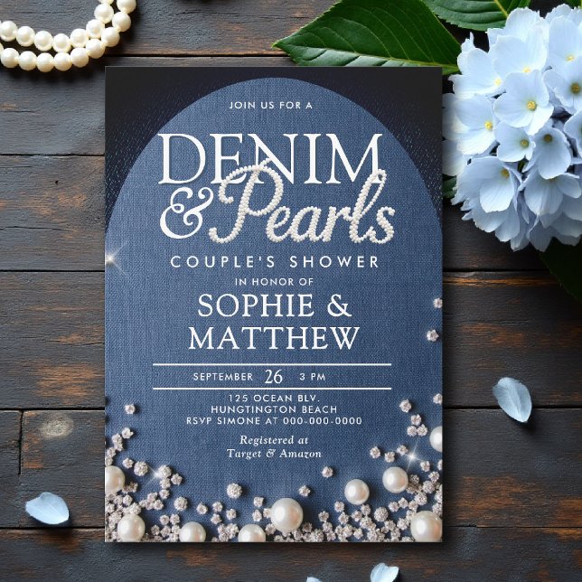 Denim Diamonds Pearls Arch Coed Chic Couple Dusche Einladung (denim and pearls couple shower invitation bridal wedding diamonds blue white arch elegant classy coe)