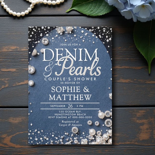 Denim Diamonds Pearls Blue Arch Chic Couple Dusche Einladung (denim and pearls couple shower invitation bridal wedding diamonds blue white arch elegant his hers)