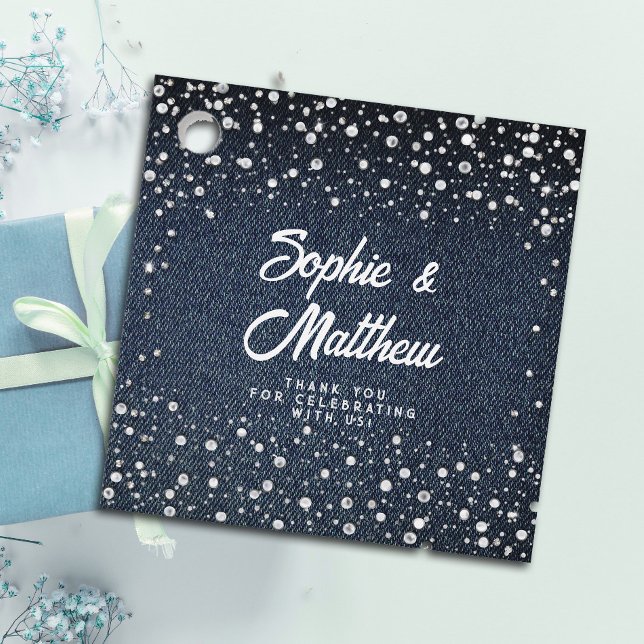 Denim Diamonds Pearls Blue Couple Polterabend Geschenkanhänger (denim pearls couple wedding shower favor tag blue jeans white coed his hers jack jill casual classy)